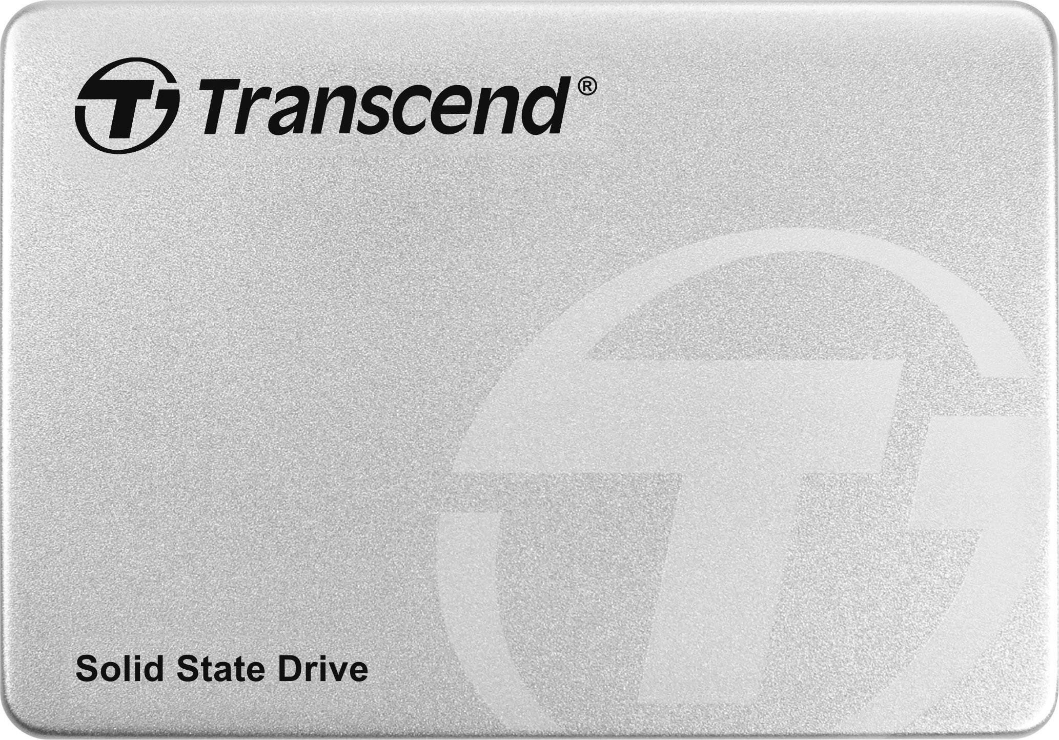 Solid State Drive by Transcend, silver casing, logo positioned top left, large 'T' graphic in the background.