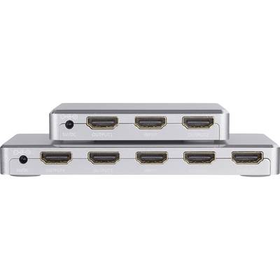 Two HDMI splitters with multiple inputs and outputs, stacked on top of each other. On top is a smaller splitter with three ports.