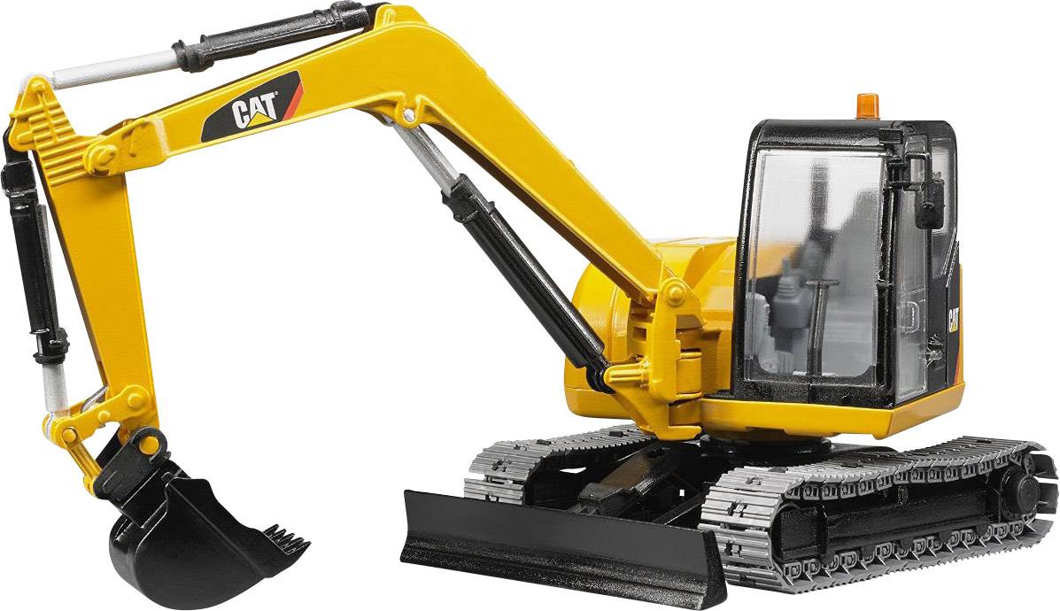 Toy digger with a yellow arm and black bucket, mounted on silver caterpillar tracks.