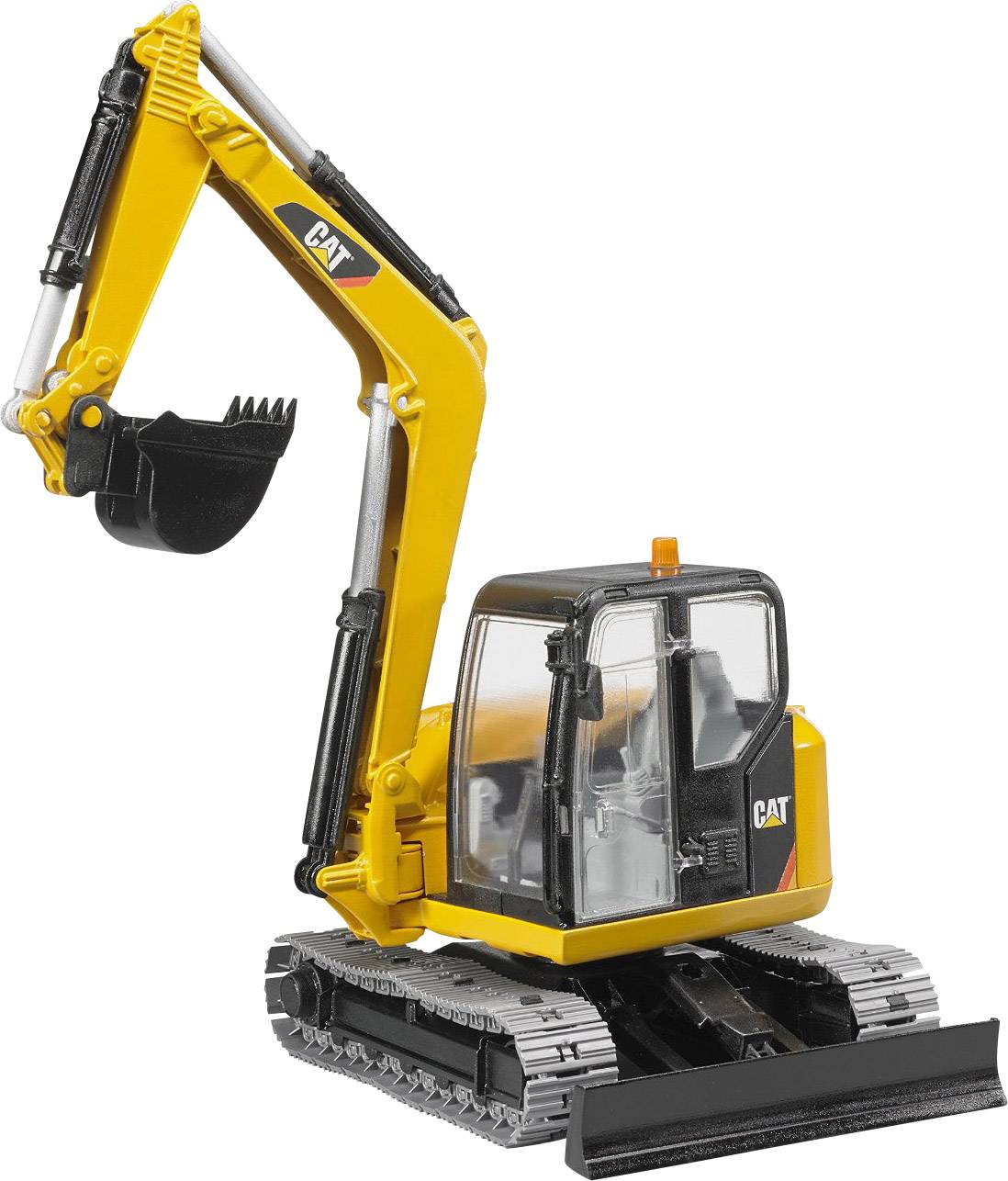 Yellow model of a digger with a movable arm and bucket, on a tracked chassis, typical of toys or construction kits.