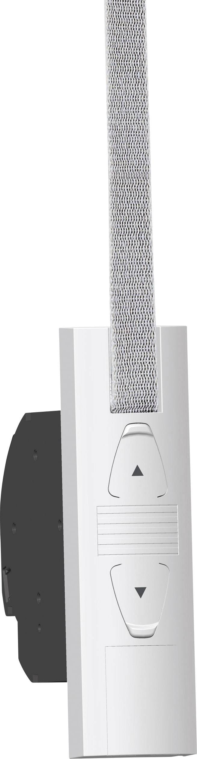 Vertical remote control with two arrow buttons for control, attached to a strap. Includes a black mounting bracket on the side.