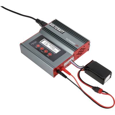 A charger with a display and buttons is charging a battery. The display shows '14.25V' and '025:04 MIN'. Cables connect the device and battery.
