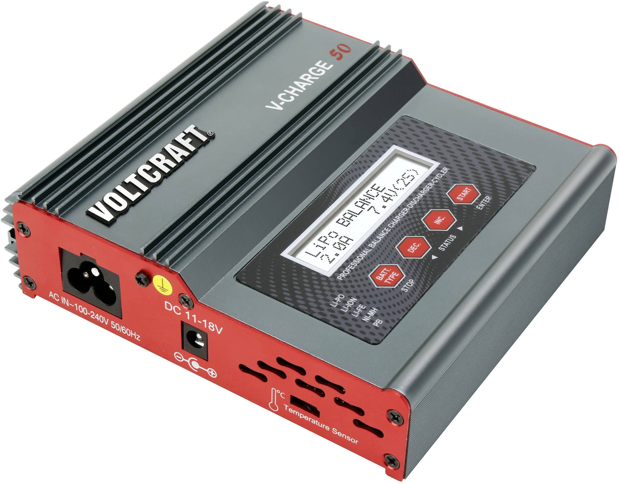 A charger with the inscription 'VOLTCRAFT V-CHARGE 50', displays a screen with battery charging information. Connection sockets on the right.
