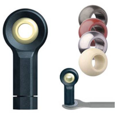 Connecting element with ball bearing shown in various colours and materials. On the left, the element is enlarged, on the right five variants.