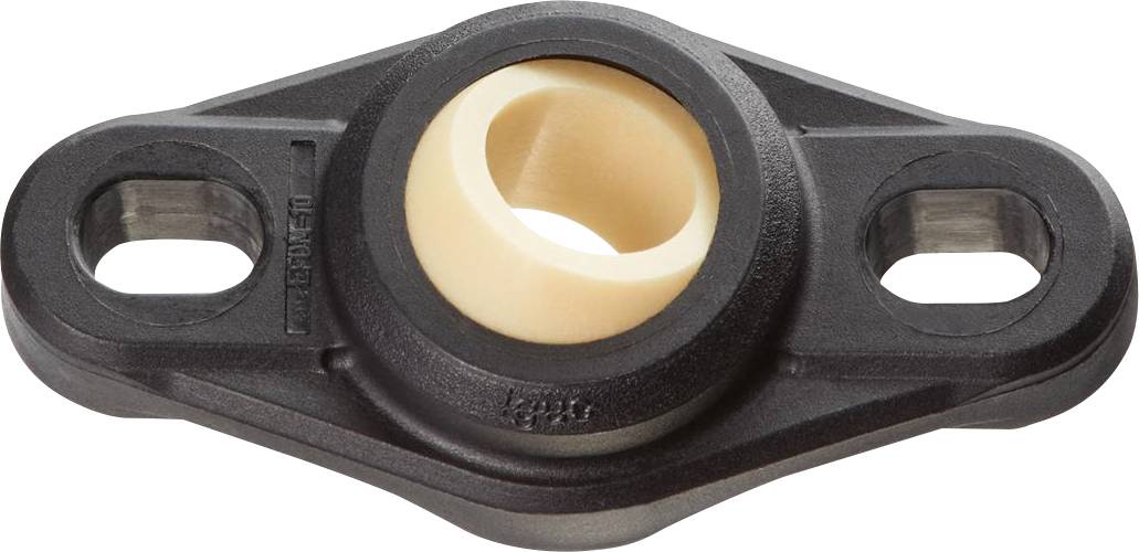 The image shows a black plastic storage housing with oval mounting holes and a cream-coloured inner bearing.