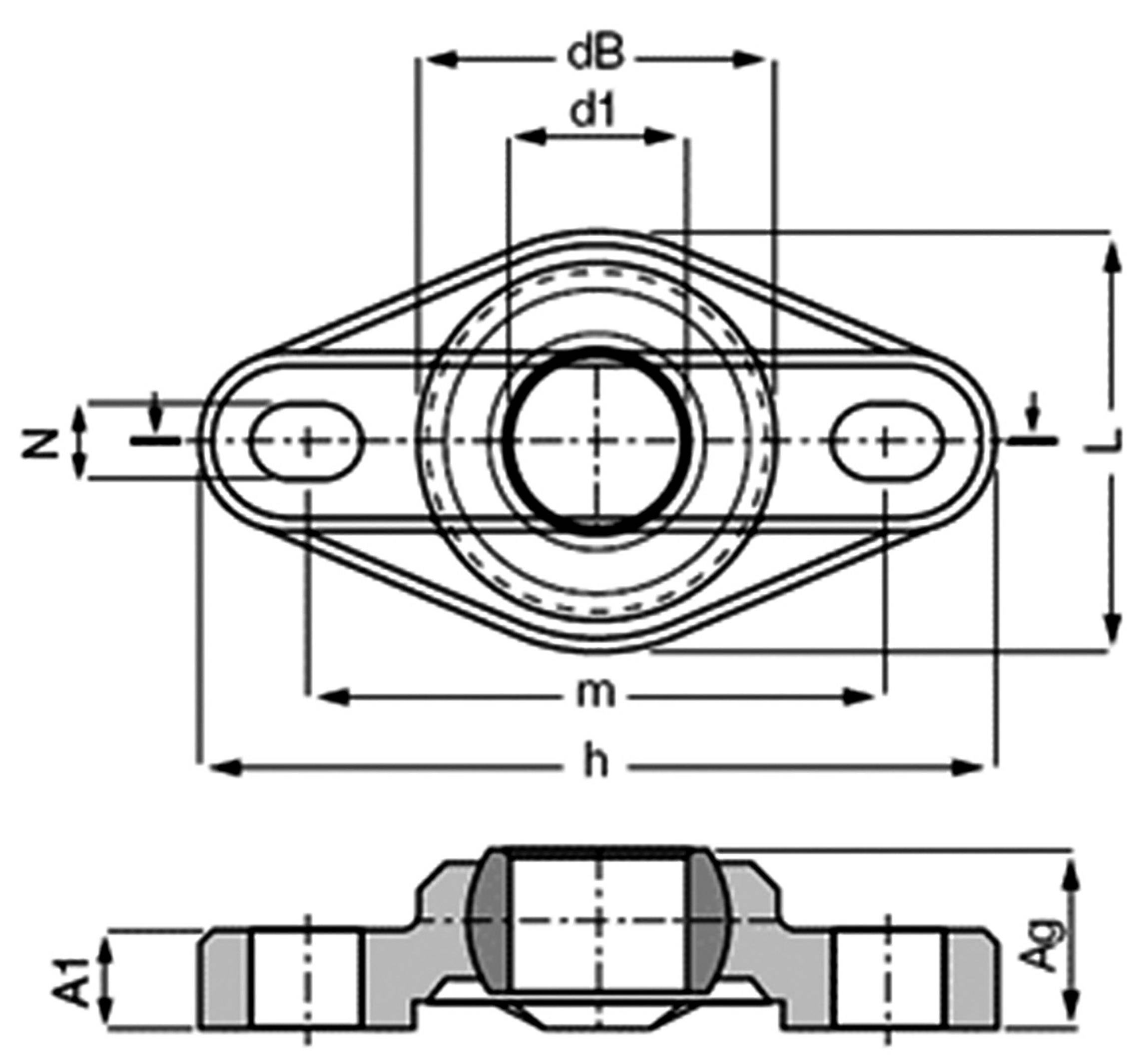 Technical drawing of a flange bearing with dimensions for diameter, width, and height. Main components are identified and labelled.