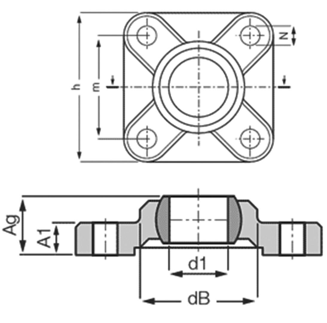 Technical drawing of a ball bearing housing with dimensions and labels for distances and diameters.