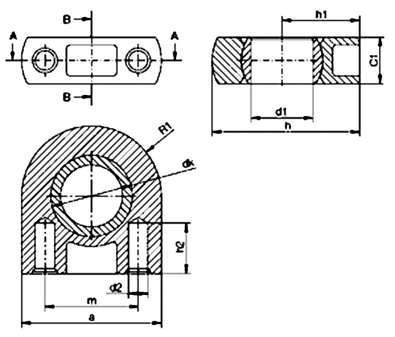 Technical drawing of a mechanical component with cross-sectional views and dimensions. Shows various diameters and heights.