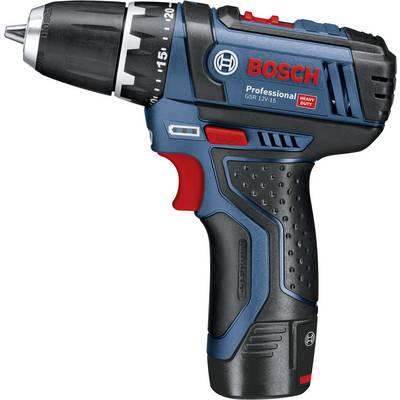 A blue and black Bosch cordless drill driver with a red button and 'Professional' inscription on the side, model GSR 12V-15.