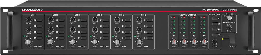 Audio mixing desk with eight channels, each with volume controls. Right side shows level indicators and a microphone connection. Device is black.