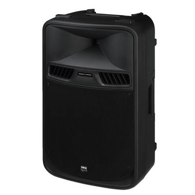 A black speaker, rectangular and large, with a grille cover and handles on the sides, likely suitable for stage performances.