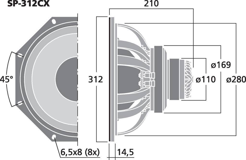 Technical Drawing of a Speaker with Dimensions: 312 mm Diameter, 210 mm Depth. Additional Details of Screw Holes and Angles.