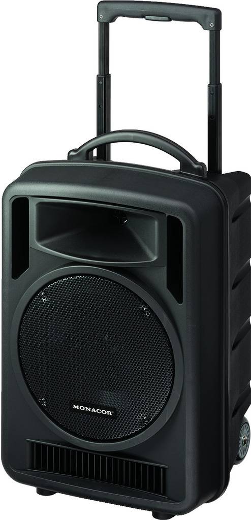 A portable speaker with wheels and an extendable handle, suitable for mobile sound purposes and events.