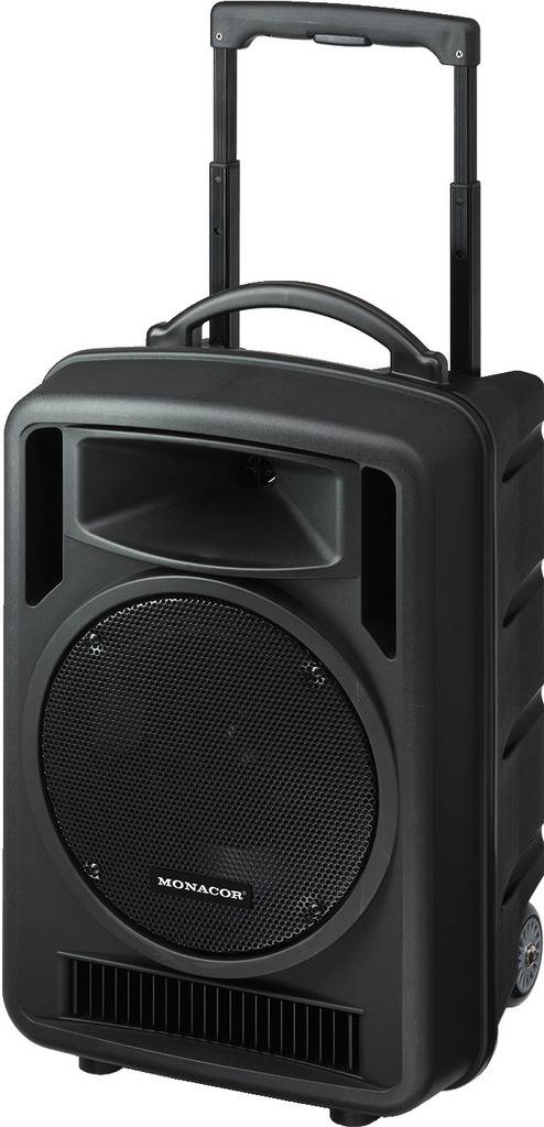 Portable speaker on wheels with telescopic handle. Black housing with large speaker grille and Monacor logo.