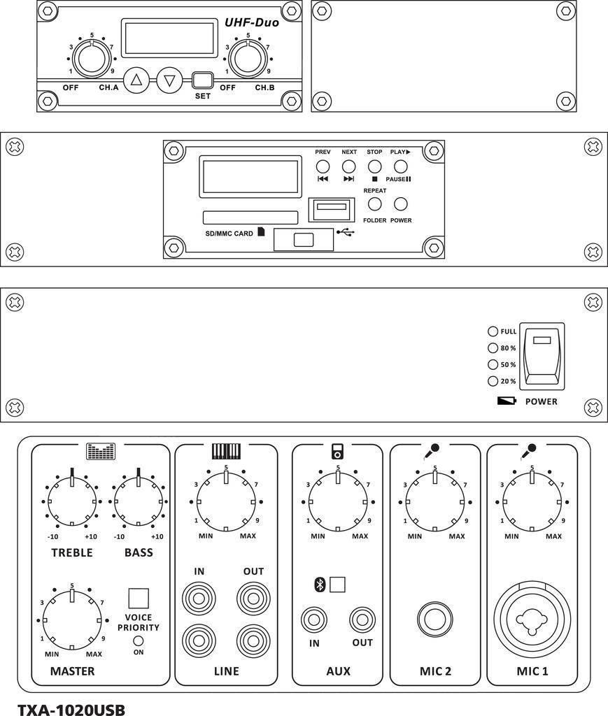Control panel of an audio system with rotary knobs for volume and tone, switches for inputs, and a display for operational status.
