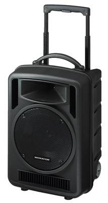 Black portable speaker with handle and wheels, marked with 'Monacor'. Ideal for easy transportation of audio equipment.