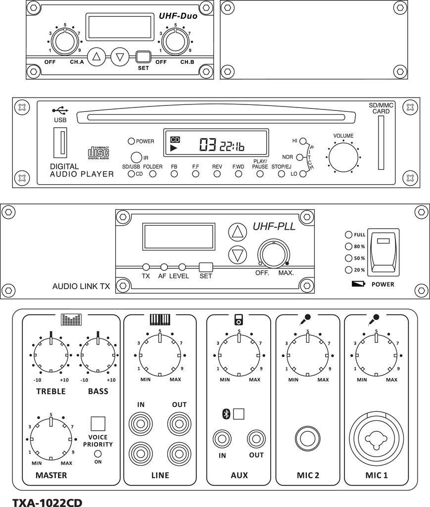 'Audio system with various control elements: UHF-Duo, SD/USB Digital Audio Player and UHF-PLL Transmitter. Includes controls for tone, volume and inputs.'