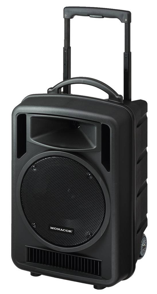 Portable speaker with telescopic handle and wheels, suitable for mobile use. Brand name visible on the speaker.