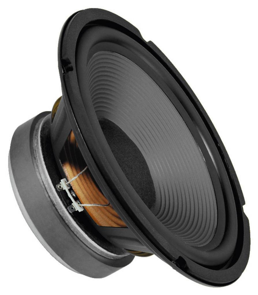 Image of a loudspeaker with a cylindrical enclosure, membrane, and voice coil, isolated on a white background.