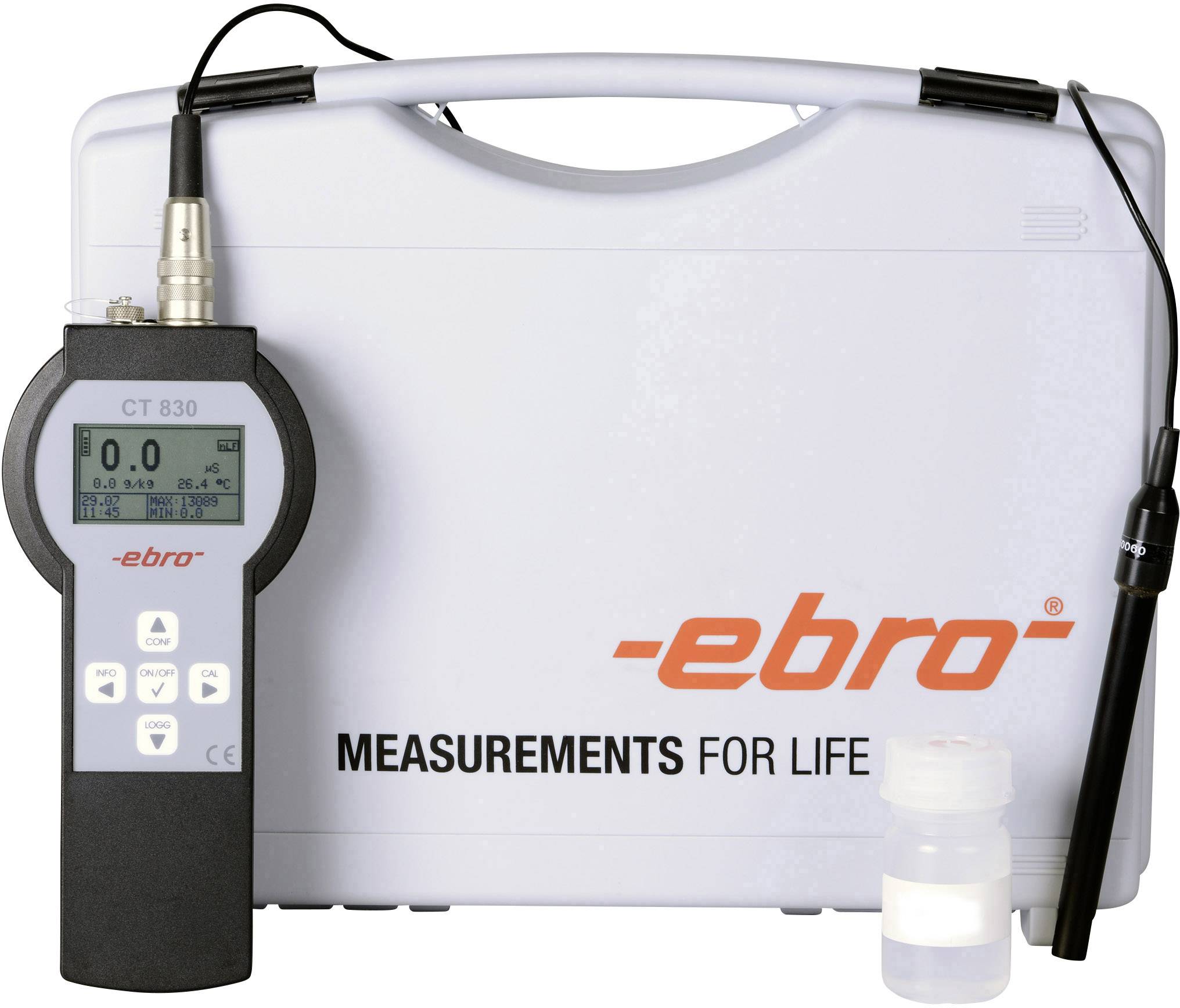 Portable Digital Thermometer Set with Digital Display, Sensor, Screw-Top Container and Carry Case. Brand 'ebro', Slogan 'Measurements for Life'.