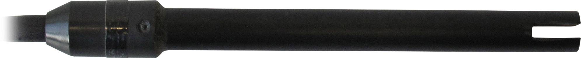 A black cylindrical object with a thickened end, possibly a technical device or tool.