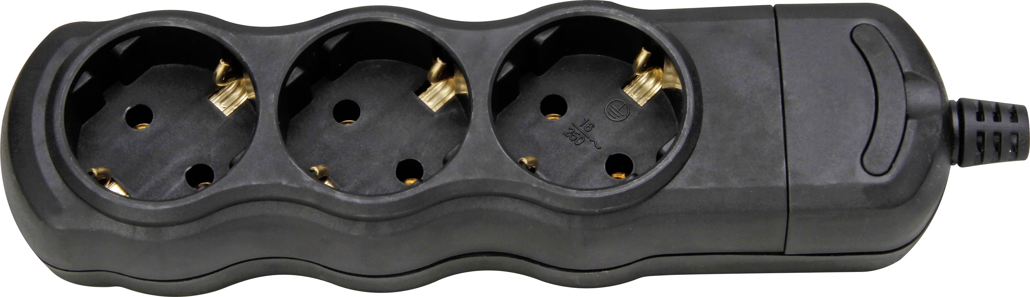 Black triple socket with three round plug sockets, suitable for European plugs, shows the device in its entirety.