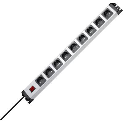 A silver socket strip with nine sockets and a red on/off switch.