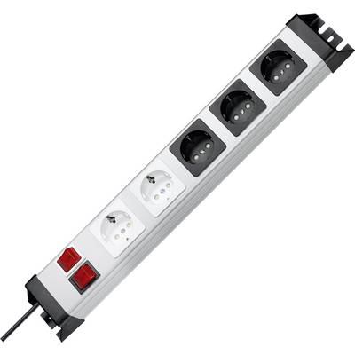 Power strip with six sockets, four Schuko outlets and two Euro outlets, with two red switches.