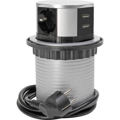 Socket tower with two USB ports and one socket, suitable for installation in kitchen counters or work surfaces.