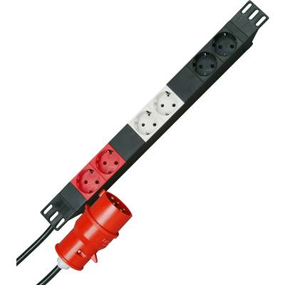 Power strip with nine sockets in three colours: black, white, red. At the cable end, there is a large red plug.