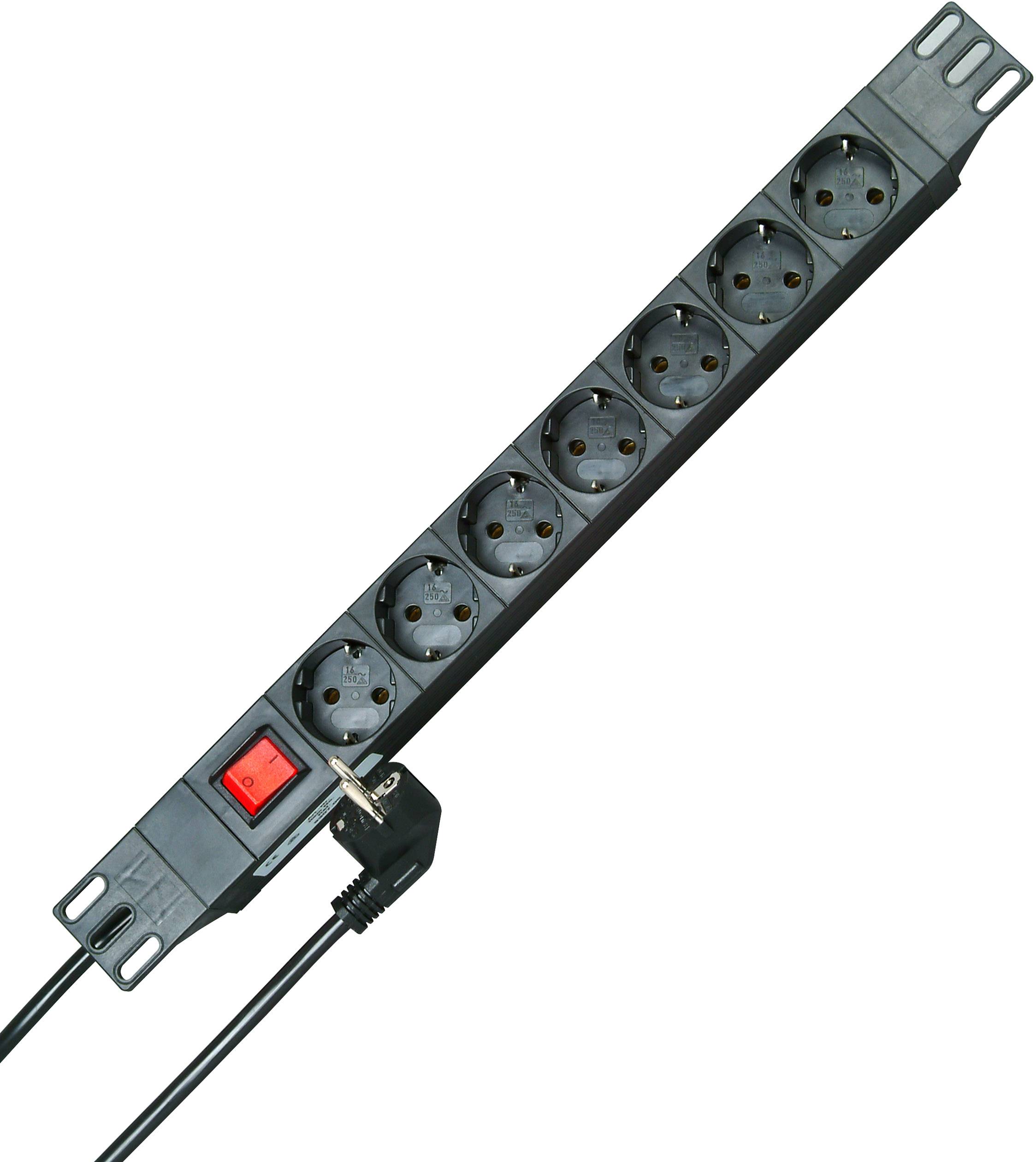 A black power strip with six socket outlets and a red switch, with a mains plug inserted at one end.