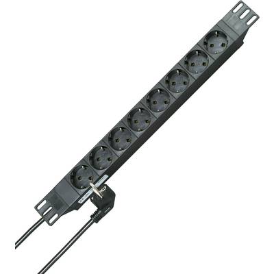 A black power strip with ten sockets and a mains lead.