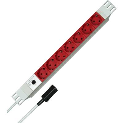 Eight-way socket strip with eight red earthed power outlets and an on/off switch, connected to a white mains cable.