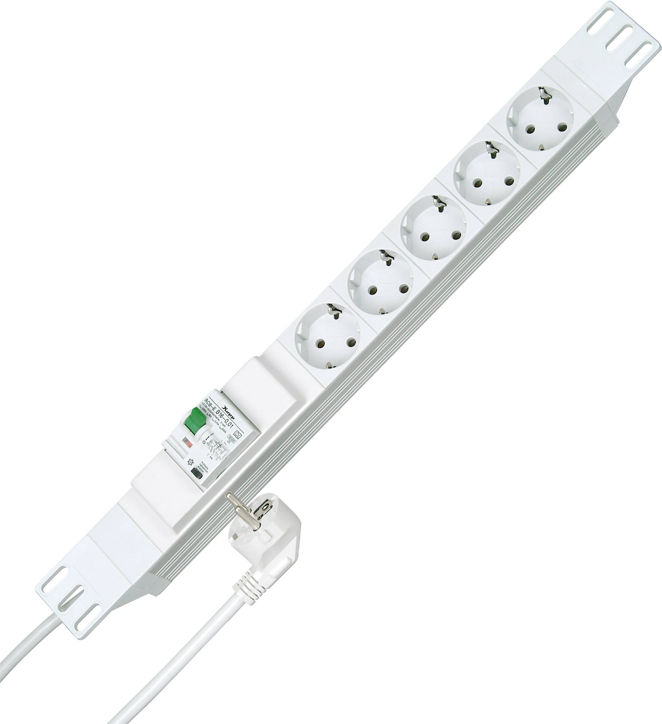 White multi-socket extension lead with five Schuko power sockets, an illuminated switch, and a plug-in cable.