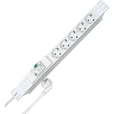White multi-socket extension lead with five Schuko power sockets, an illuminated switch, and a plug-in cable.