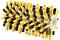 A cylindrical brush attachment with yellow and black bristles, commonly used for vacuum cleaners or carpet cleaners.