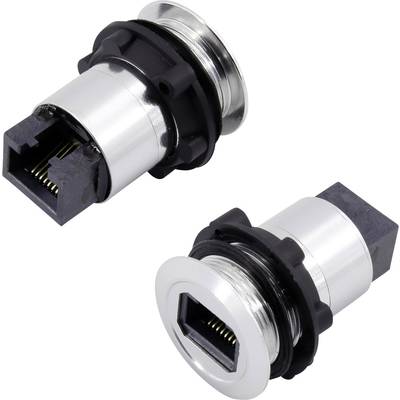Two round RJ45 metal panel-mount sockets, suitable for network connections in electronic devices.