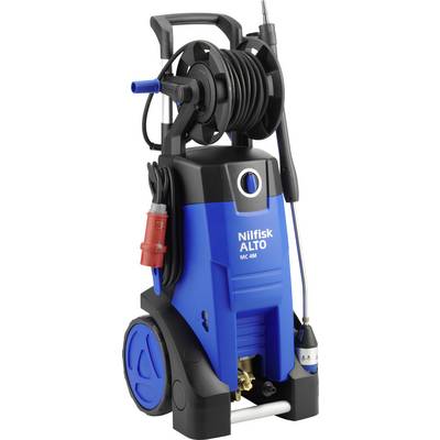 High-pressure washer with cable reel and hose, blue-black, brand 'Nilfisk ALTO'. Suitable for professional cleaning tasks.
