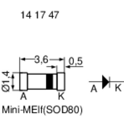 'Mini-MELF (SOD80)' Diode: Diagram with dimensions, diameter 1.4 mm, length 3.6 mm, PN connections A and K, package type illustrated.