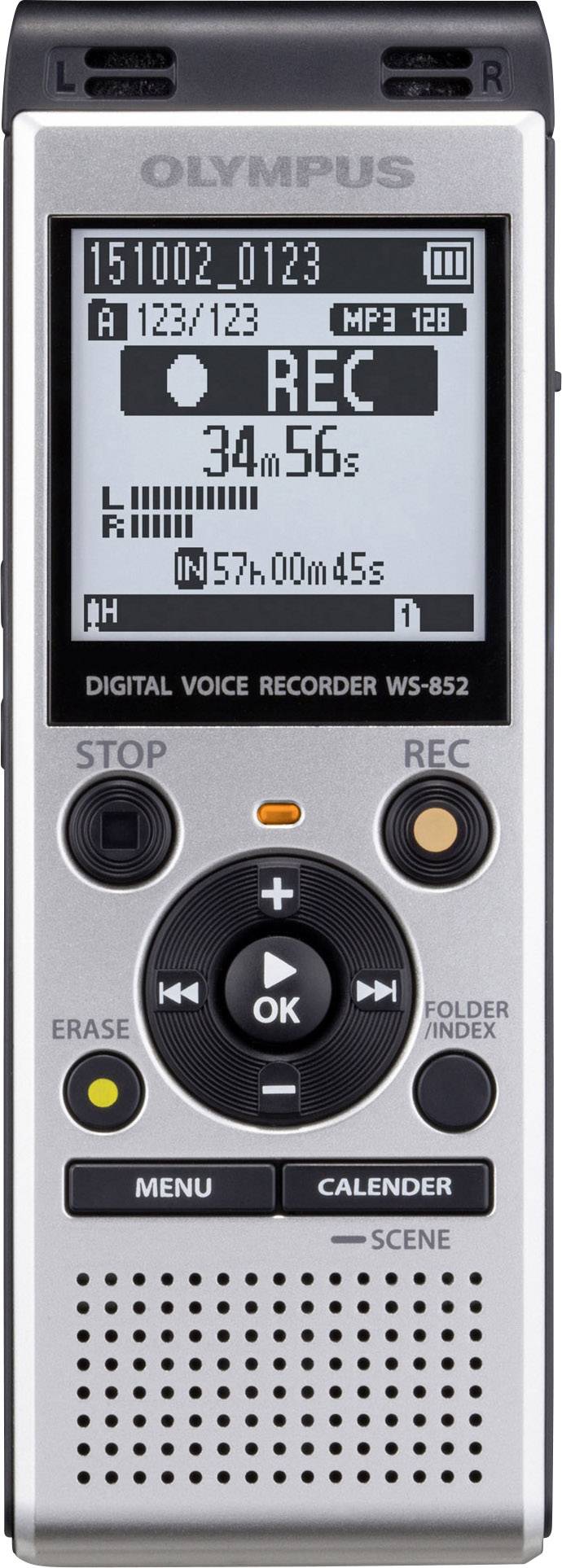 Digital voice recording device with display. Shows 'REC' for recording, 34 minutes and 56 seconds. Buttons for Stop, Record, Menu, Calendar.