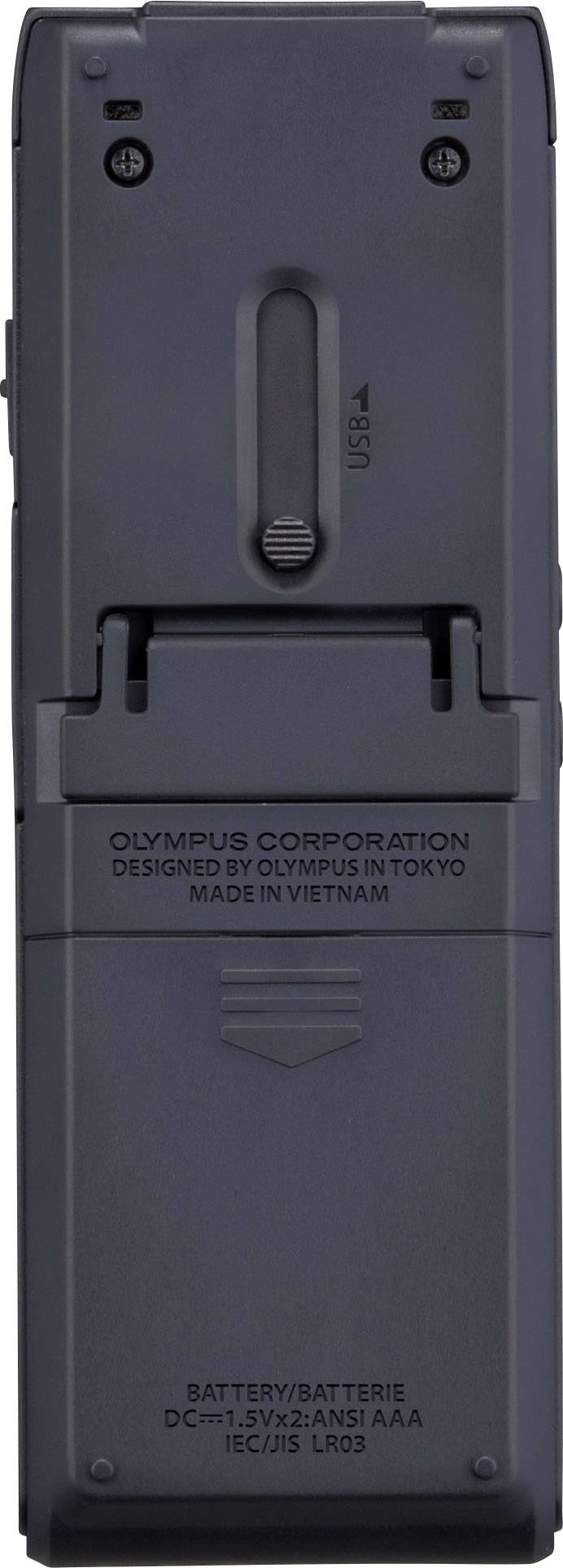 Back of a grey electronic device by Olympus with battery compartment and inscription 'Olympus Corporation, Made in Vietnam'.