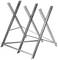 Metal sawing horse with toothed upper surfaces designed for holding wooden logs. Stable stance achieved through X-shaped construction.