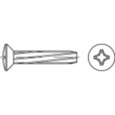 A drawing of a countersunk head screw with a cross-head drive. Left side view, right top view.