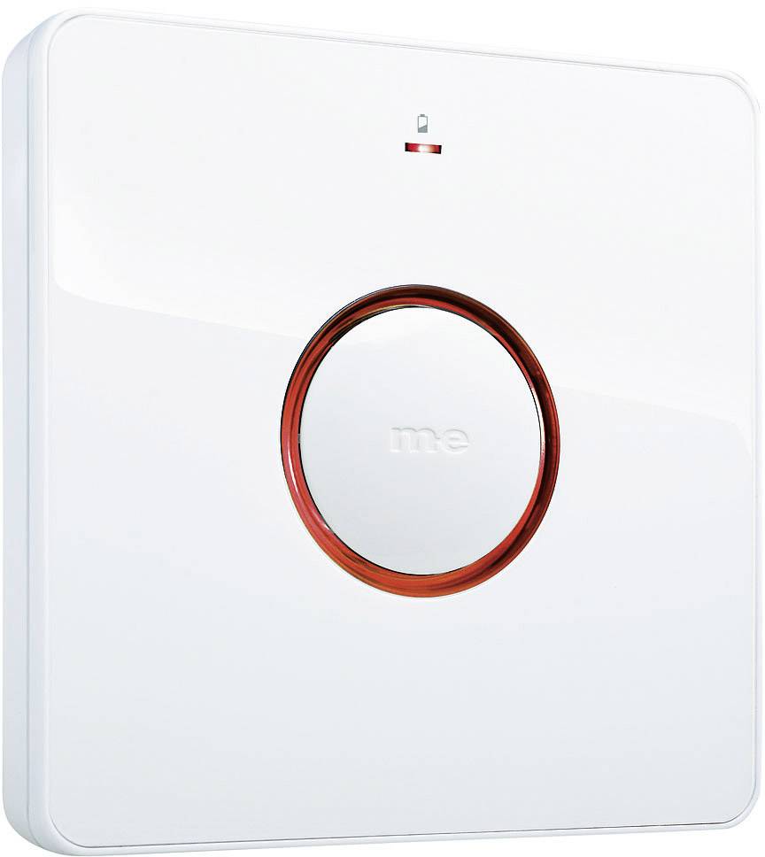 White smart home control unit with a round, red-bordered button and the inscription 'me' in the centre.