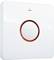 White smart home control unit with a round, red-bordered button and the inscription 'me' in the centre.