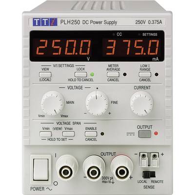 A digital laboratory power supply with display showing voltage '250.0 V' and current '375.0 mA'. Voltage and current controls available.
