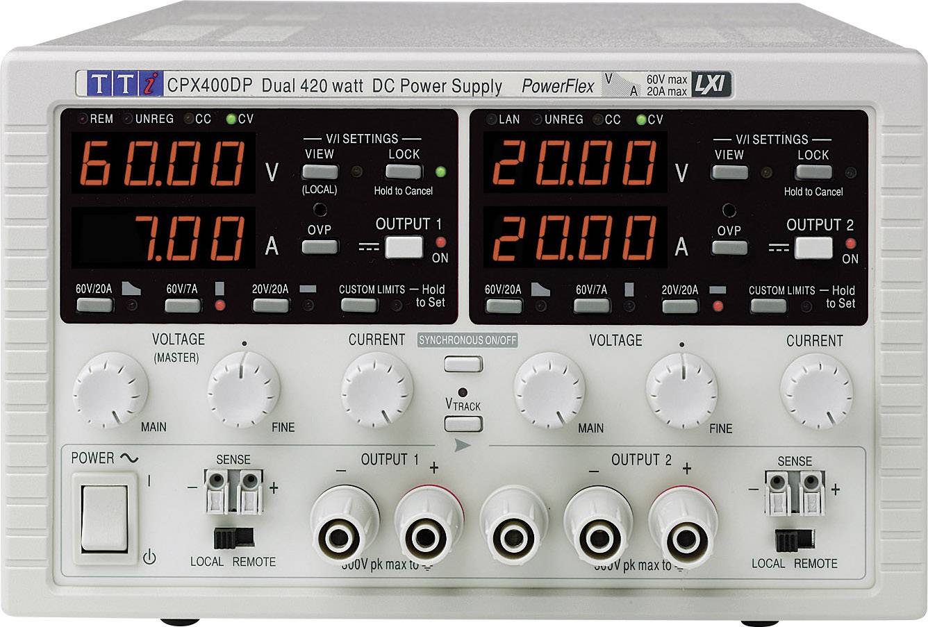 Aim TTi CPX400D Bench PSU (adjustable voltage) 0 – 60 V DC 0 – 20 A 840 W No. of outputs 2 x
