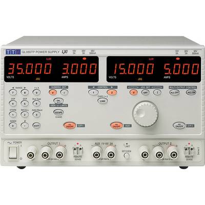 Electronic power supply with three digital displays showing: 35,000 volts, 5,000 amperes. Various buttons and rotary controls for operation.