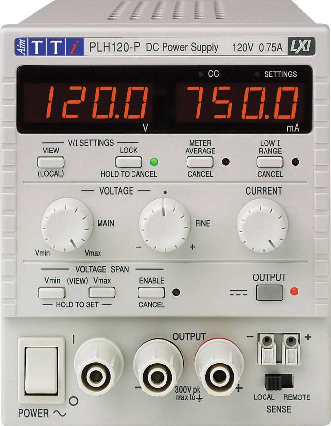 A digital DC power supply shows 120.0 volts and 750.0 milliamps on the display. Control knobs for adjusting voltage and current.