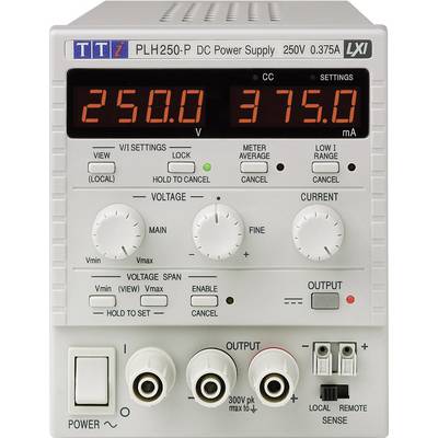 A digital laboratory power supply shows a voltage of 250 V and a current of 375 mA. It has rotary knobs for voltage and current.